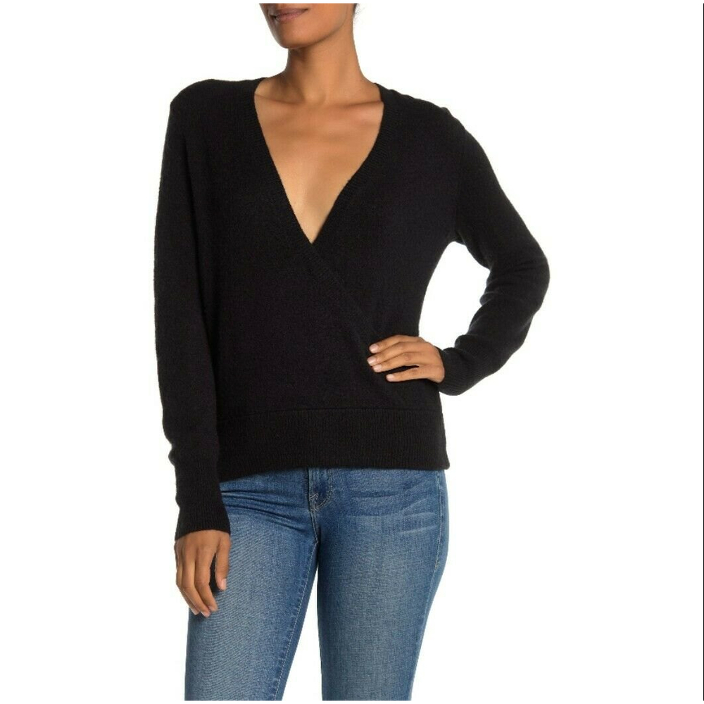 Madewell Faux Wrap Pullover Sweater Size XS Surplice Neckline Long Sleeve Black